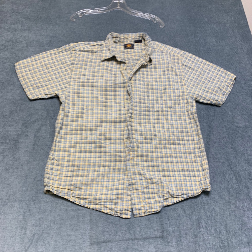 Route 66 Shirt Mens Large Yellow Blue Plaid Cotton Blend Button-Up Chest Pocket